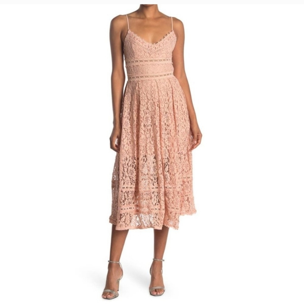 NSR Pink Crochet Lace Sleeveless Midi Dress Y2K Peasant Bohemian Fit Flare‎ Med